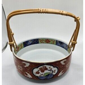 Vintage Takahashi Bowl Dish Bamboo Handles Japan Asian Ceramic Red Blue Floral